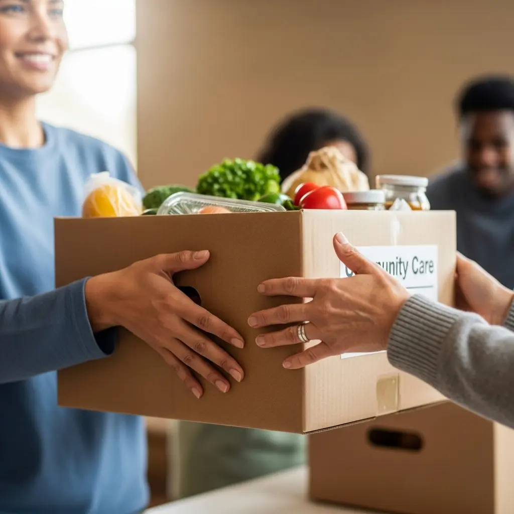 Volunteers handing over a box of fresh groceries and canned goods during a community care food donation drive, showing the benefits of community service